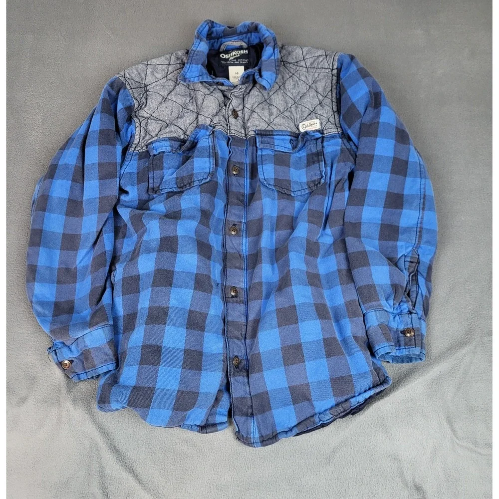 Oshkosh Bgosh Flannel lined Shirt Kids 10‎ Blue Check Plaid Outdoor Lightweight